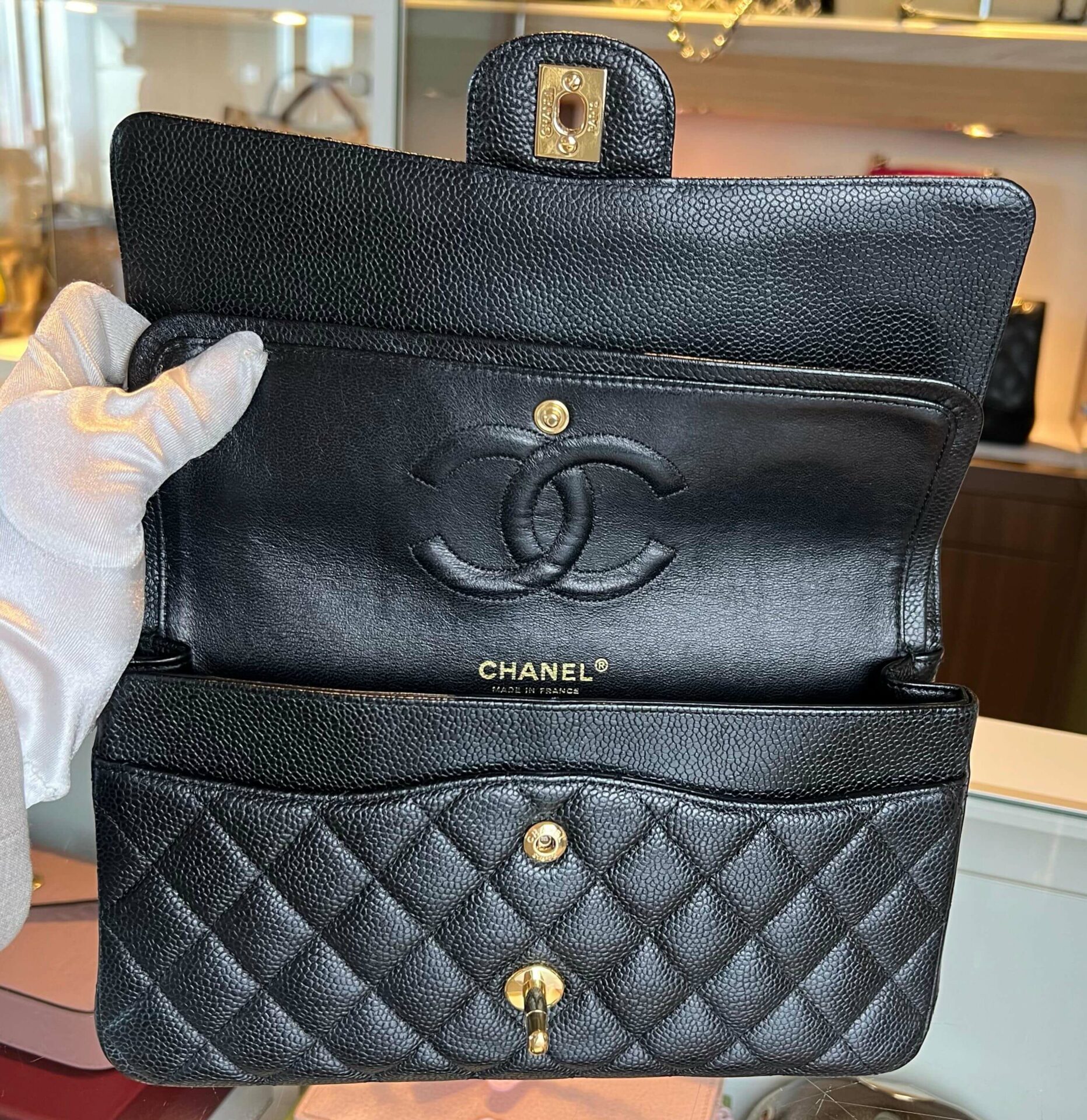 Chanel Classic Double Flap Bag Medium Caviar 24K Goud - Afbeelding 4