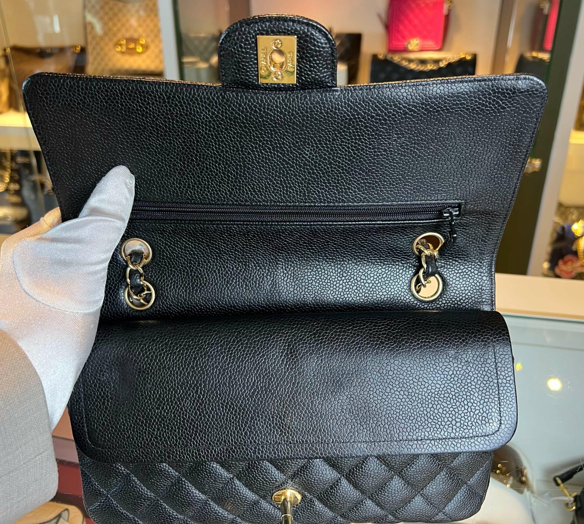 Chanel Classic Double Flap Bag Medium Caviar 24K Goud - Afbeelding 5